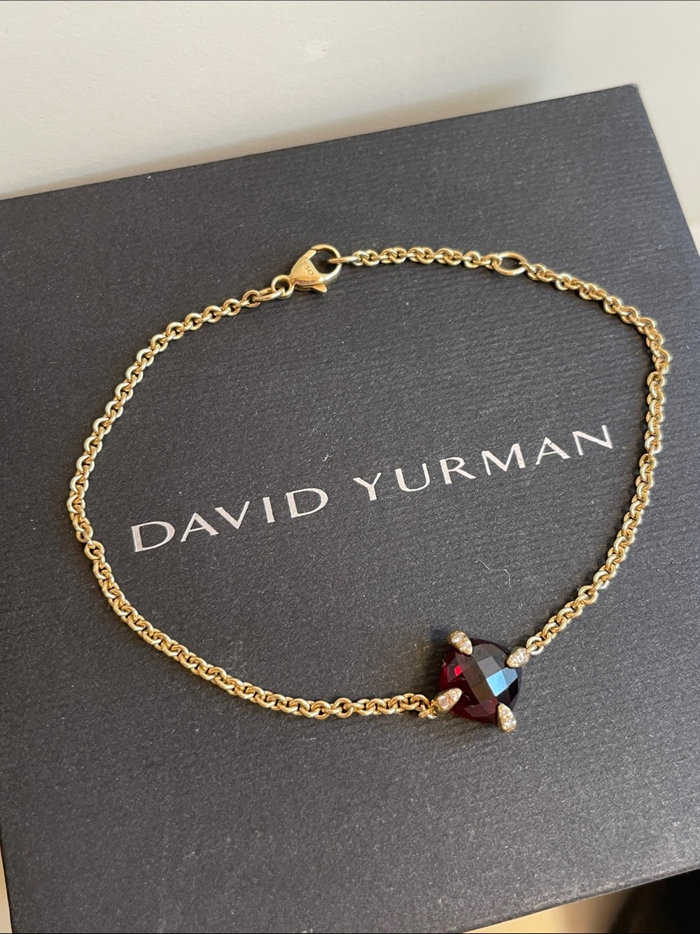 David Yurman 18K Yellow Gold 8mm Garnet and Diamond Chatelaine Chain Bracelet